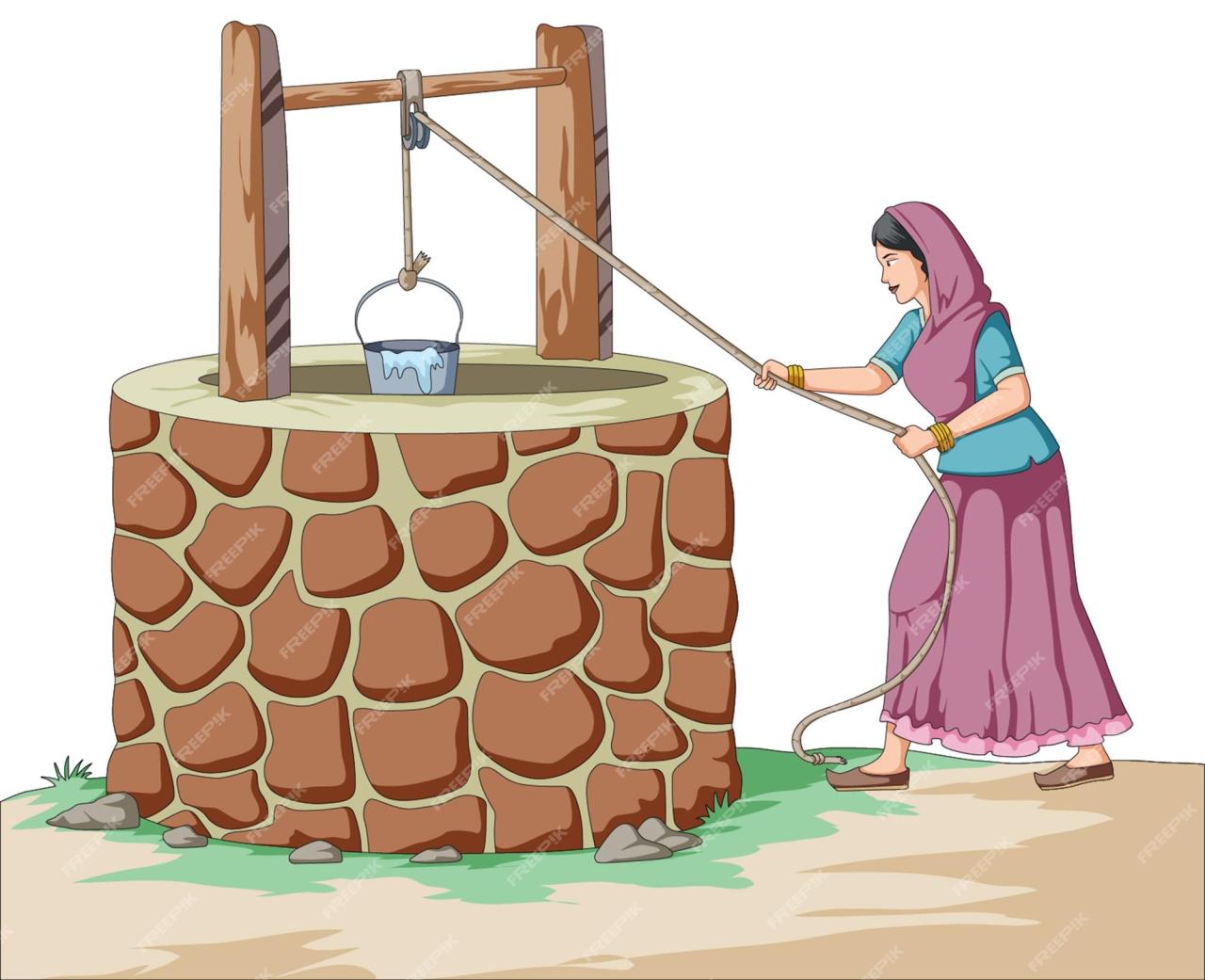 Premium Vector | Village woman pulling out water in a bucket from well Premium Vector | Village woman pulling out water in a bucket from well